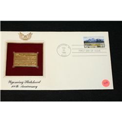 1990 First Day Issue 22K Gold Replica Stamp W/Postal Stamp; Wyoming Statehood 100th Anniversary