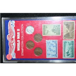 WWII Stamp/Coin Collection; Lot of 4 Wheat Back Penny & Lot of 4 Stamps