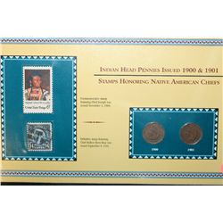 1900 & 1901 Indian Head Penny Set W/US Postal Stamp Commerating Native American Chiefs