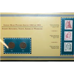 1902 & 1903 Indian Head Penny Set W/US Postal Stamp Commerating Native American Warriors