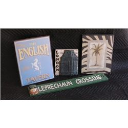 English tavern, leprechaun, big ben, palm tree bar signs