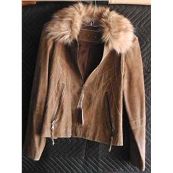 I.E. Relaxed Leather Jacket w/ Faux Fur Collar, Brown, Size Petite Small