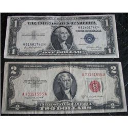 $1 Silver Certificate Series 1935 E, $2 Red Seal Note 1953 B