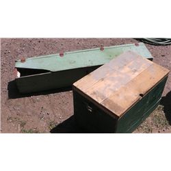 Antique Wood Trunk and Green Pantry/Cabinet .