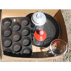 Cast Iron Frying Pan & Muffin Pan, Percolator, Measuring Cup and Dicer