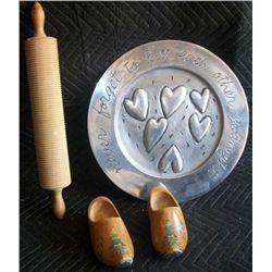 Pewter? Plate and Rolling Pin for Noodles?, and Wooden Shoes from Holland