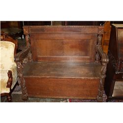 CARVED OAK HALL BENCH  LIFT SEAT