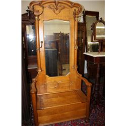 GOLDEN OAK HALL SEAT - 4 HOOKS & BEVELED MIRROR