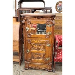 FANTASTIC HEAVILY CARVED OAK ICE BOX - ORIG. FINISH & MINT - 56" TALL - 27" WIDE - 19" DEEP