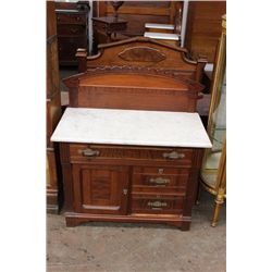 WALNUT MARBLE TOP COMMODE W/ BACKSPLASH