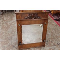 EXCELLENT OAK HANGING MIRROR - BEVELED MIRROR W/ HOOKS - 36" X 27"