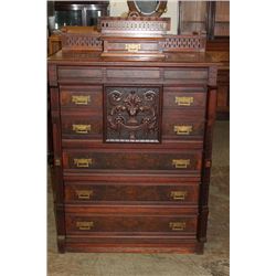 TALL AND ORNATE WALNUT LOCK SIDE WITH GALLERY AND SMALL DRAWER TOP