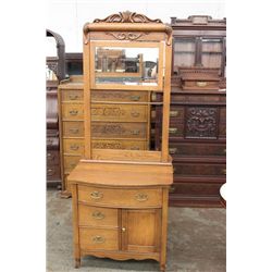 OAK COMMODE WITH MIRROR AND TOWEL BAR