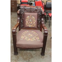 HEAVELY CARVED MAHOGANY CHAIR WITH ROSEWOOD BACK EXCELLENT NEEDLE POINT