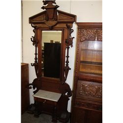 VICTORIAN WALNT PARLOR MIRROR AND UMBRELLA RACK WITH MARBLE AND DRAWER 98  TALL