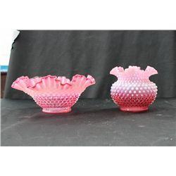 2 PCS. OF HOBNAIL CRANBERRY OPALESCENT CASE GLASS - BRIDES BASKET VASE