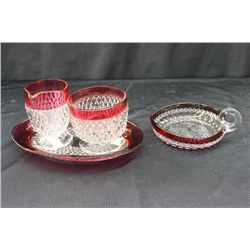 4 PCS. RUBY FLASH GLASS - CREAMER - SUGAR - NAPPY - PLATE