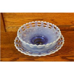 SATIN BLUE OPALESCENT BASKETWEAVE BOWL & UNDERPLATE