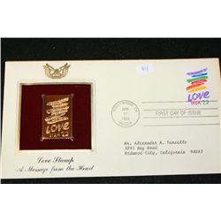 1985 First Day Issue 22K Gold Replica Stamp W/Postal Stamp; Love Stamp A Message From The Heart