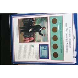 Lincoln Pennies Issued 1944-1948; Lincoln Delivers The Gettysburg Address W/Postal Stamp; Lot of 5