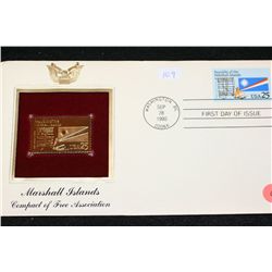 1990 First Day Issue 22K Gold Replica Stamp W/Postal Stamp; Marshall Islands Compact of Free Associa