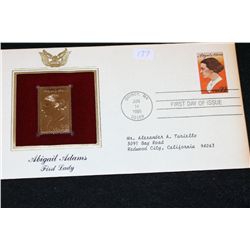 1985 First Day Issue 22K Gold Replica Stamp W/Postal Stamp; Abigail Adams First Lady