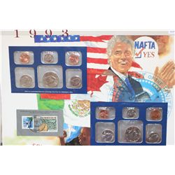 1993 US Mint Coin Set; P&D Mints; UNC W/Postal Stamp Commerating Bill Clinton signs NAFTA Dated 1994