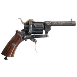 Engraved Belgian Folding Trigger Double Action Pinfire Revolver
