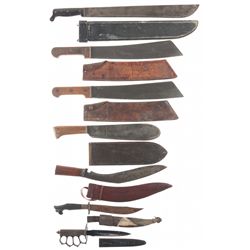 Three Machetes, One U.S.M.C. Corpsman Knife, One Trench Knife, One Kukri, and One Philippine Dagger
