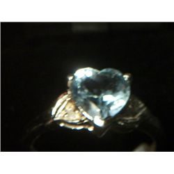 BLUE TOPAZ HEART SILVER DIAMOND RING SIZE 6.5