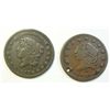 Image 1 : (2) 1837 HARDTIMES TOKENS MILLIONS FOR DEFENCE VF,1827 SMALL DATE VF HOLED SCARC