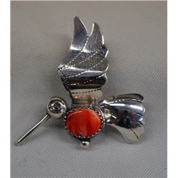 Navajo Sterling Redshell Hummingbird Pin - Yazzie