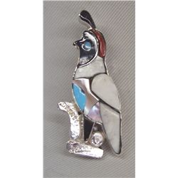 Zuni Sterling Inlay Quail Pin/Pendant - B. Penetsa