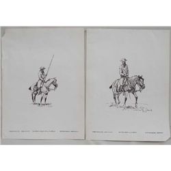 Pair 1959 Pen and Ink Cowboy Prints - Charles R Cr