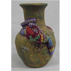 Mexican Huichol Indian Pottery Jar w/Beaded Lizard