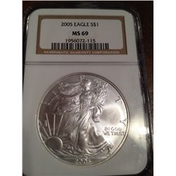 2005 PURE SILVER AMERICAN EAGLE, NGC MS-69