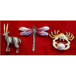 3 Gold Toned Rhinestone Pins