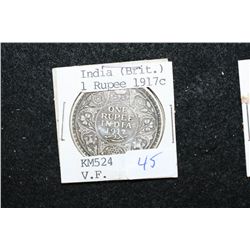 1917 India (British) 1 Rupee Foreign Coin; VF