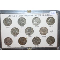 United States Wartime Silver Nickel Coin Set; Lot of 11