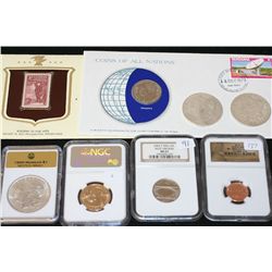 Grab Bag to include Graded Coins, First Day Issue, Historic Stamps & Silver Morgan; Lot of 8