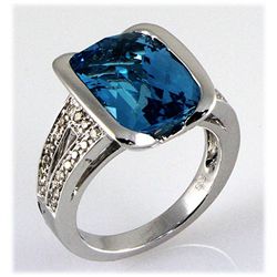 Genuine 9.41 ct Blue Topaz & Diamond Ring 14k W/G 7.41g