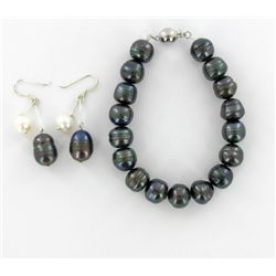 Saltwater Black & White Pearl Bracelet & Earrings (JEW-1521)