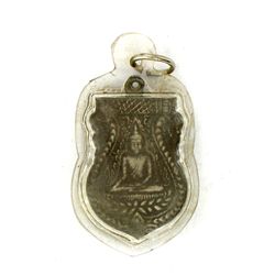 Antique Thai Silver Bronze Buddha Amulet in Plastic Pendant Case (ANT-1206)