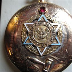 1910 Antique Waltham 12S Hunter Pocket Watch - Ladies Aux Jewish War Veterans 10k Pin w/Ruby