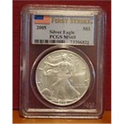 2005 PURE SILVER AMERICAN EAGLE, NGC MS-69