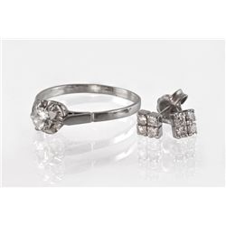 A Diamond and White Gold Ring and a Pair of Diamond Studded Earrings, 1940's