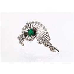A Fan Shaped Diamond, Emerald and 14 Karat Gold Brooch
