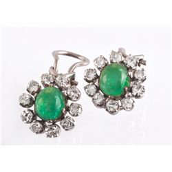 A Pair of Diamond, Emerald and White Gold Earrings