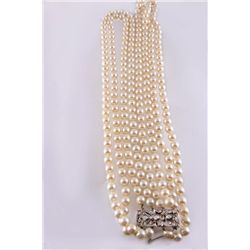 A Four Strand Pearl Necklace with Art Deco Gold and Diamond Clasp