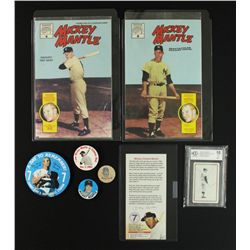 Lot of (7) Mickey Mantle Yankees Collectibles: Baseball Card, Comics, Buttons